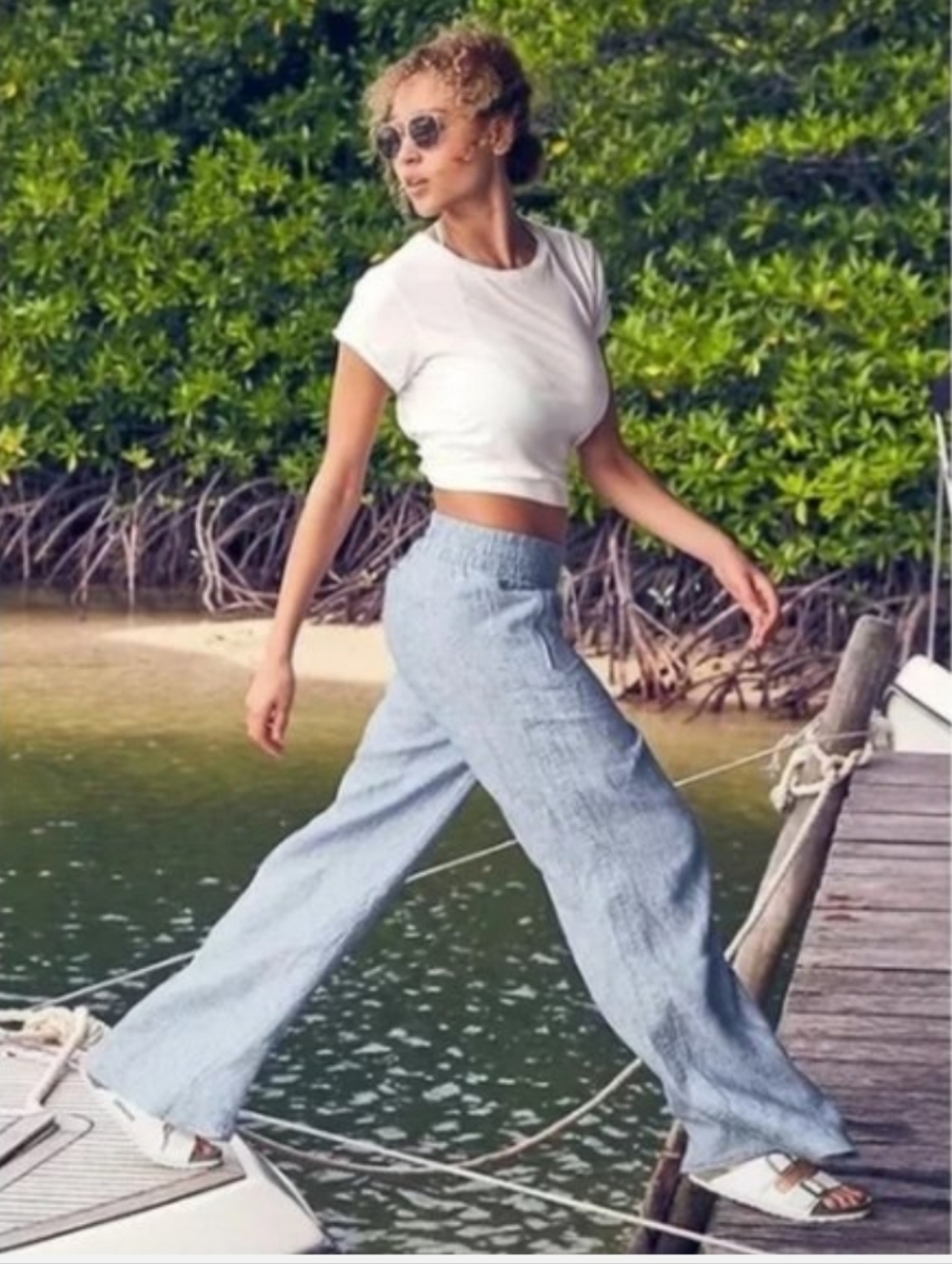 Athleta Cabo Linen Wide Leg Pants 32" Sz 4(Tall) Blue
